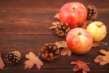 Sonbahar kavramı, düşmüş Kırmızı-Sarı Frenk üzümü yaprakları ile elma ve