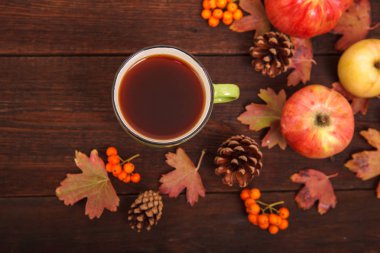 Elma ile çam kozalakları sonbahar kavramı, Kırmızı-Sarı düşmüş yaprakları