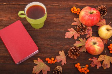 Sonbahar kavramı, renkli yaprakları çam kozalakları, elma, rowan b