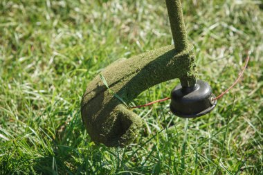 Adam brushcutter biçme makinesi kullanarak yeşil çim biçme. Mevsimlik Bahçe 