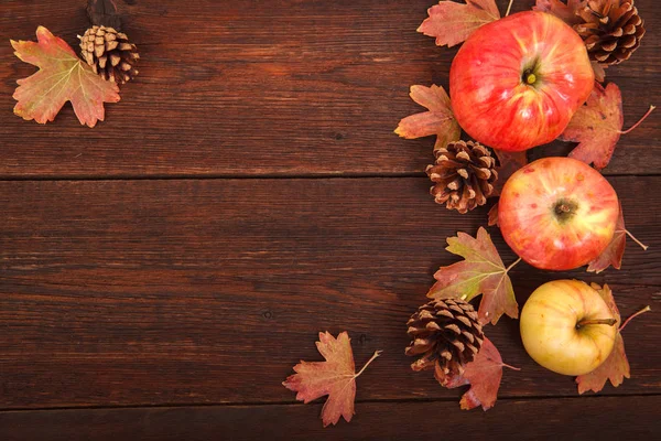 stock image Autumn concept, fallen red-yellow currant leaves with apples and