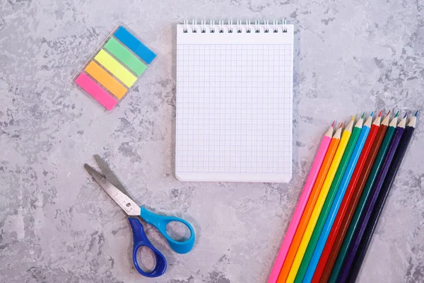 Bir Kırtasiye Seti Defteri Renkli Kalemler Makas Gri Arka Planda — Stok fotoğraf