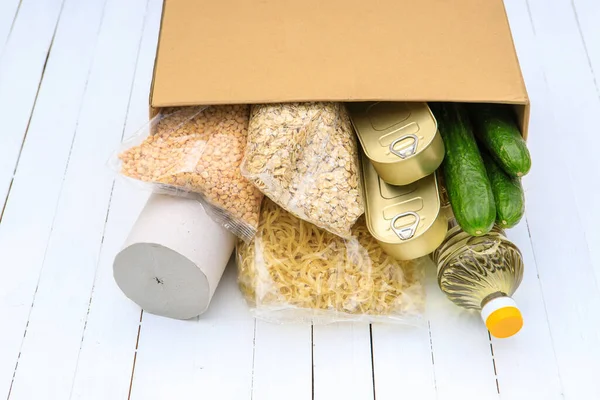 Coronavirus Food Donation Food Box Needy White Background Food Delivery Stock Photo