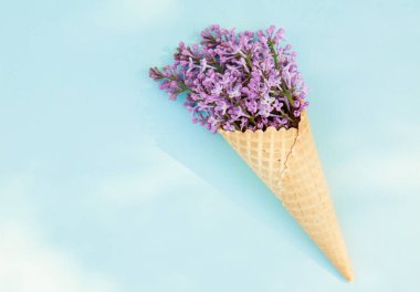 Mavi arka planda dondurma külahında leylak çiçekleri. Bahar kompozisyonu. Düz uzanış, metin için boşluk. Sevgililer Günü, Anneler Günü, Kadınlar Günü konsepti.