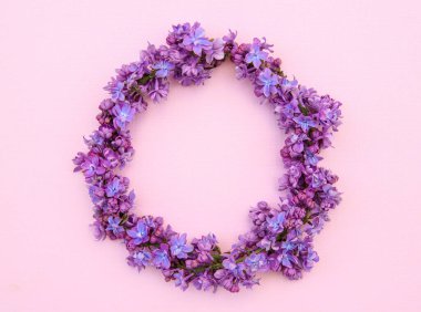 Pembe arka planda leylak çiçekleri kompozisyonu. Çiçekli bahar arkaplanı. Düz uzanış, metin için boşluk. Sevgililer Günü, Anneler Günü, Kadınlar Günü konsepti.