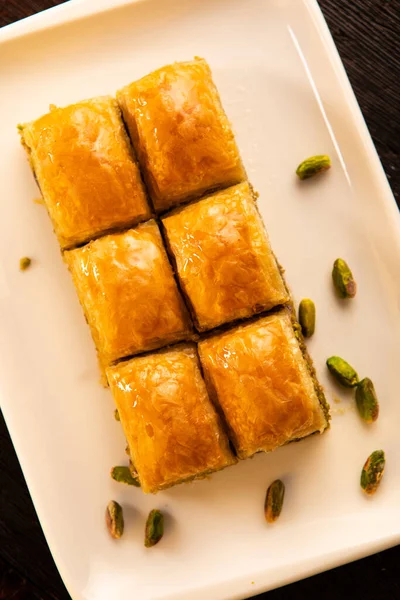 Turecký Tradiční Dezert Baklava Pistácií Ořechy Zblízka — Stock fotografie