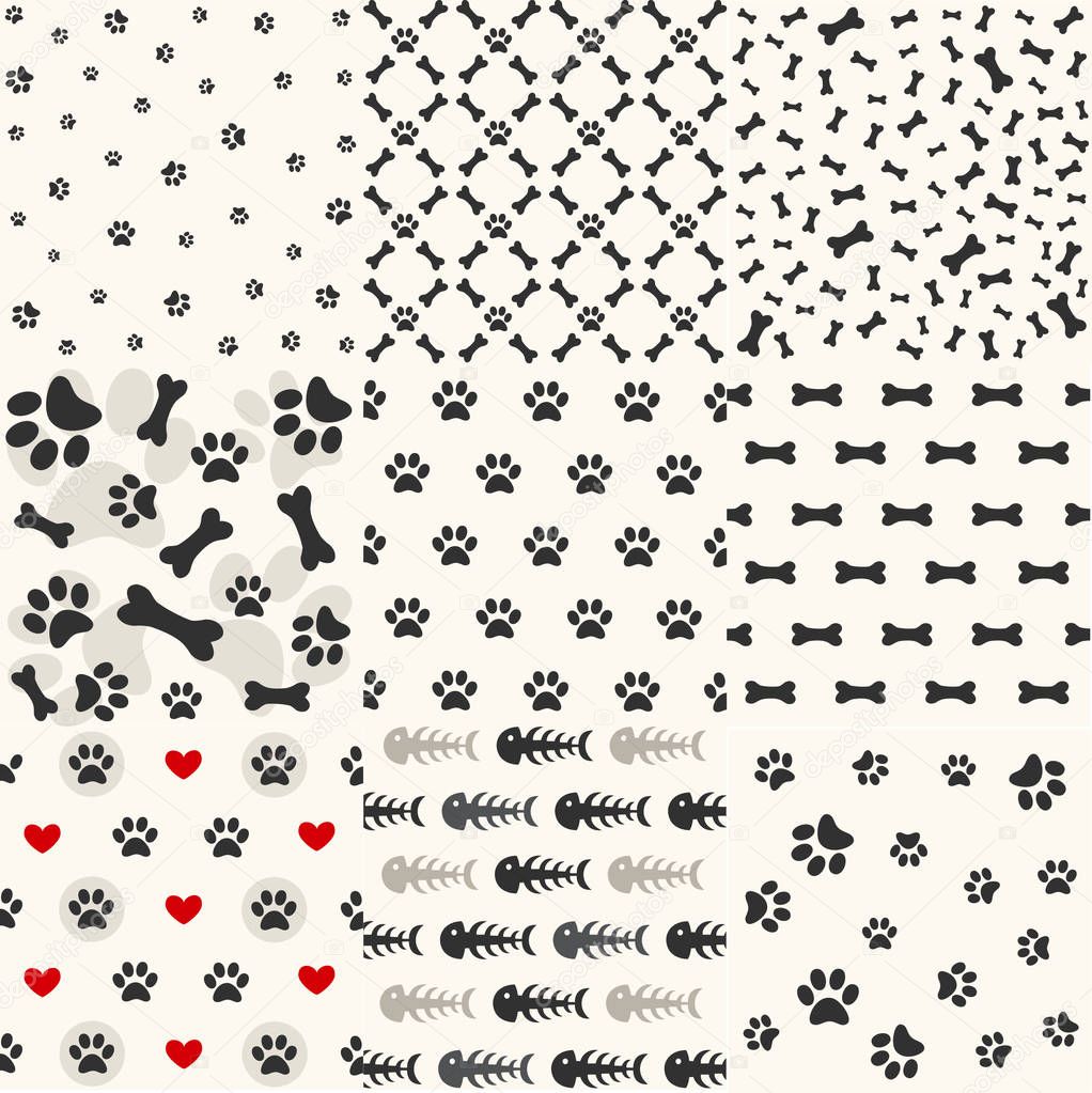 Set of patterns with paw footprints and bones