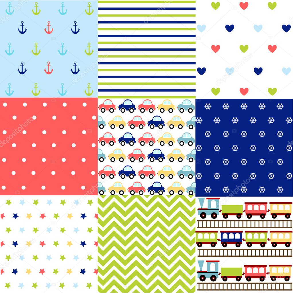 Cute set of Baby Boy seamless patterns with fabric textures