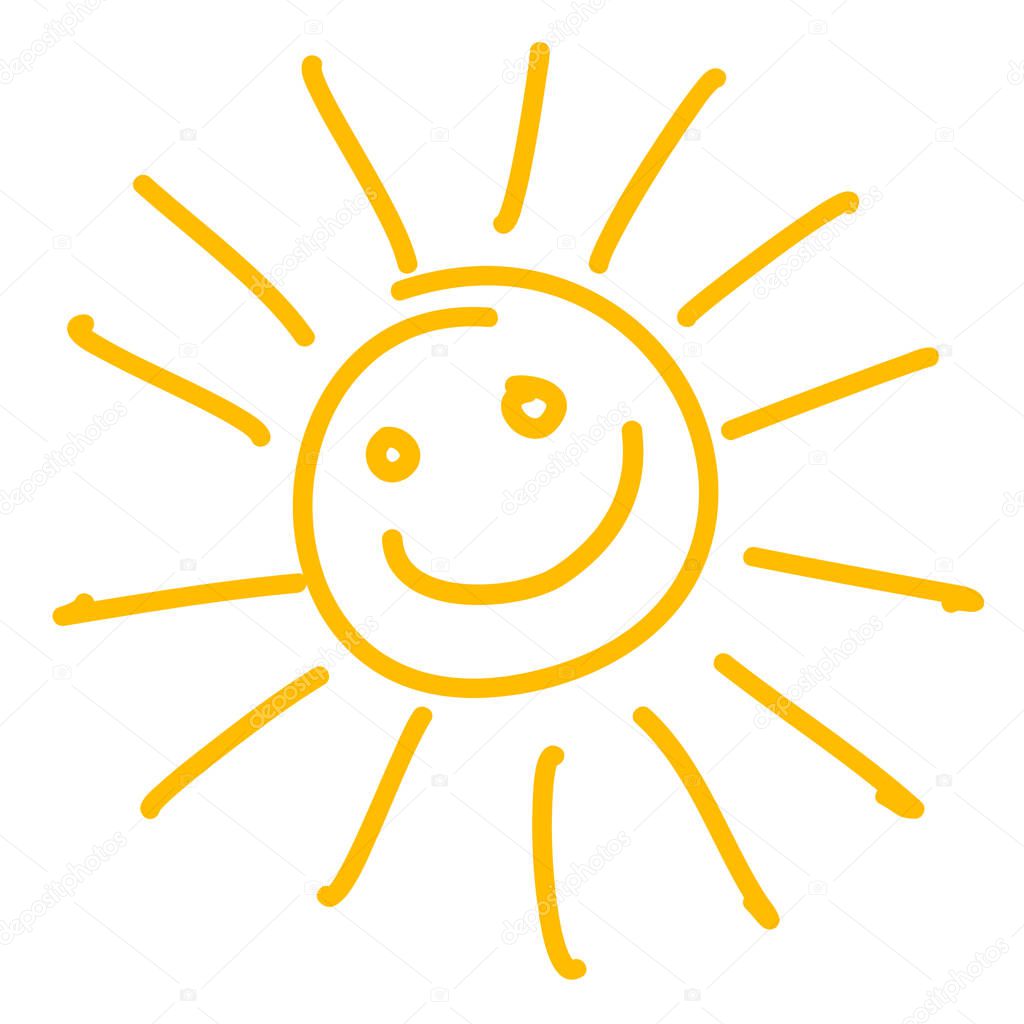 Drawing of happy smiling sun. Vector illustration