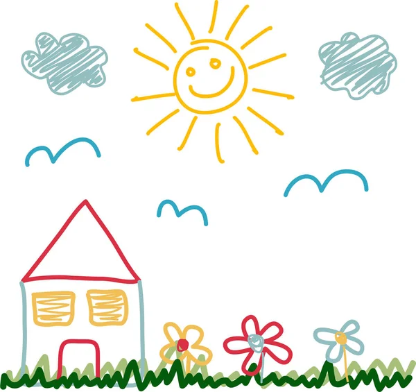 Kids Drawing Sunny Day House — Stock Vector