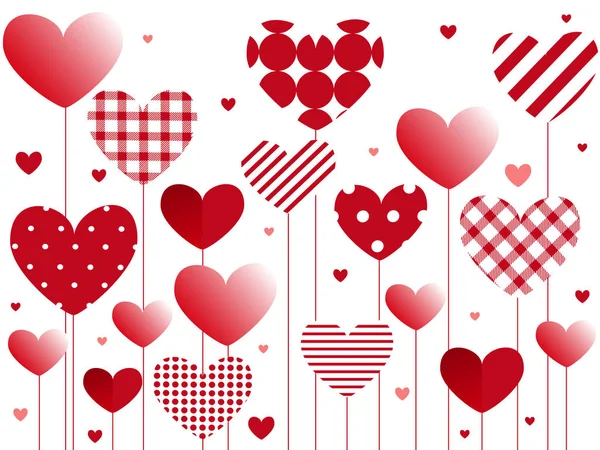 Valentine Day Greeting Card Hearts Plaid Patches Red Balloon — Stock Vector
