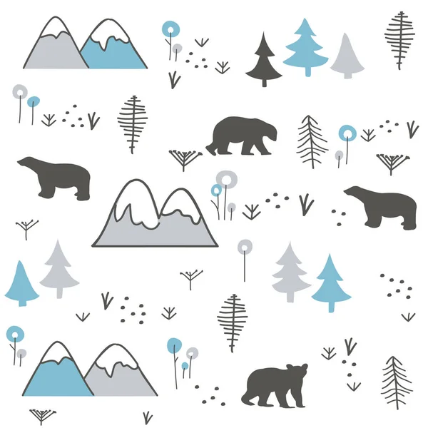 Orso Polare Montagna Foresta Senza Soluzione Continuità Modello Sfondo Modello — Vettoriale Stock