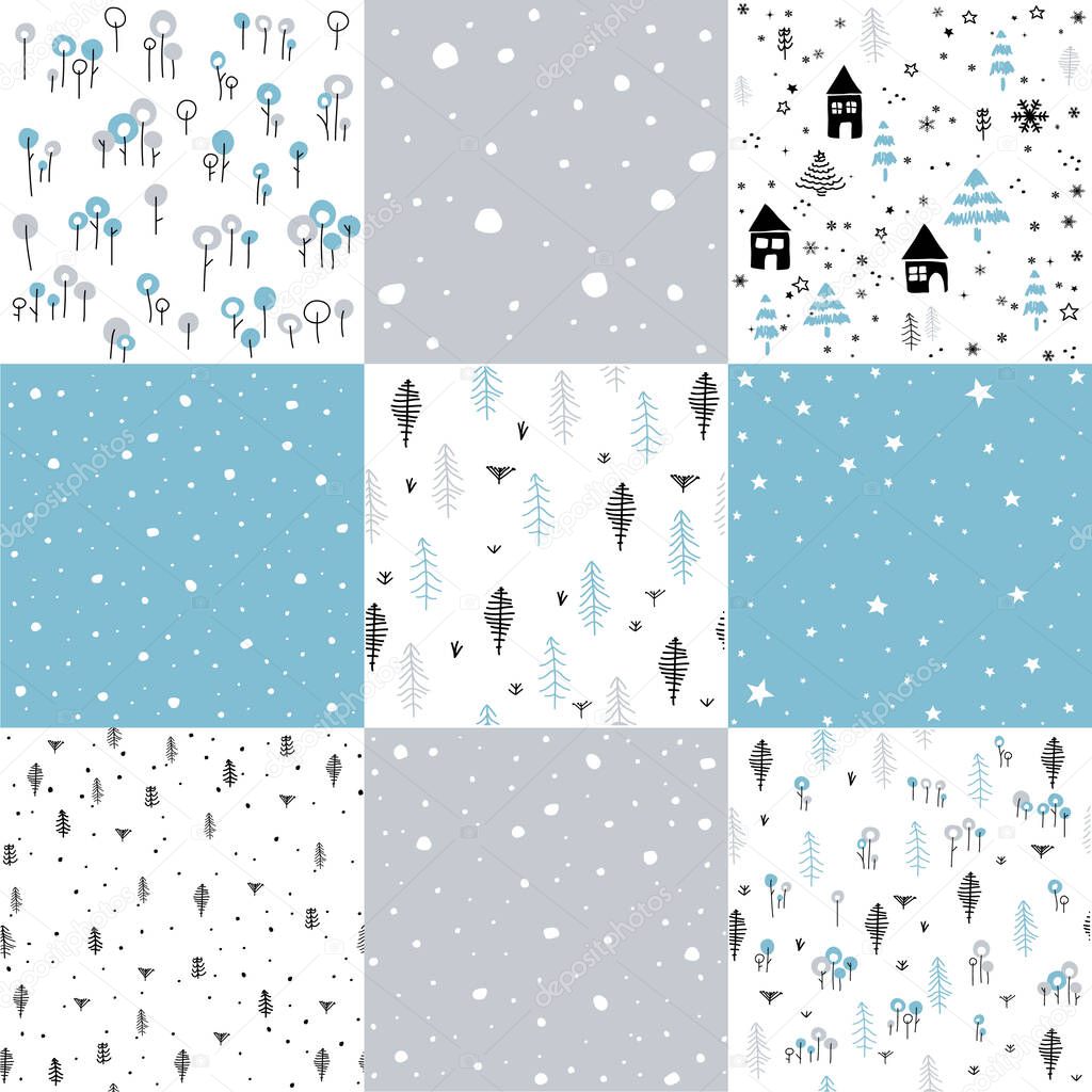 Hand drawn winter pattern set and vector illustration
