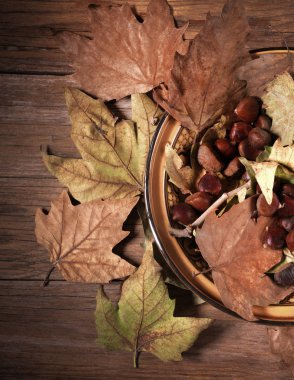 ahşap üzerine kuru yapraklar