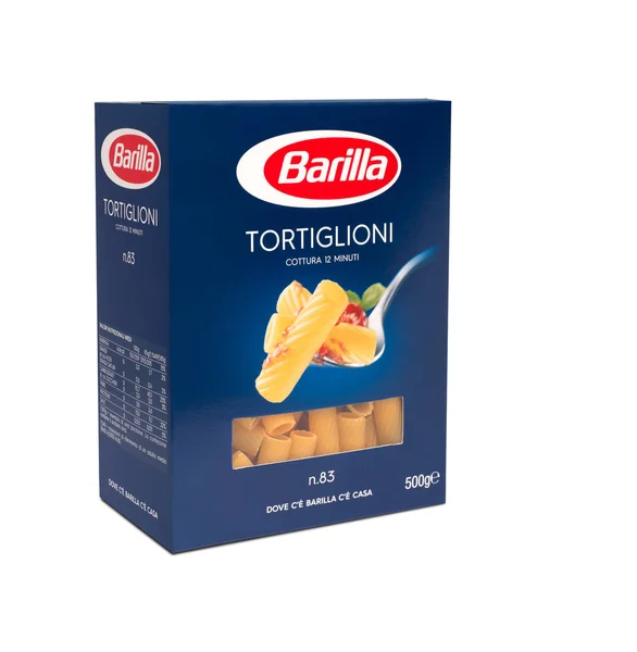 Italia - 8 de noviembre de 2019: paquete de pasta italiana Barilla rigatoni — Foto de Stock