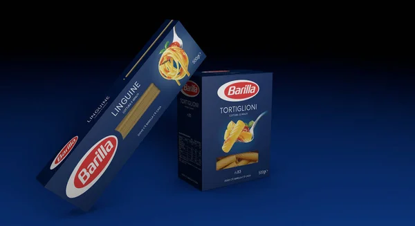 Representación 3D de paquetes de pasta italiana Barilla editori ilustrativo —  Fotos de Stock