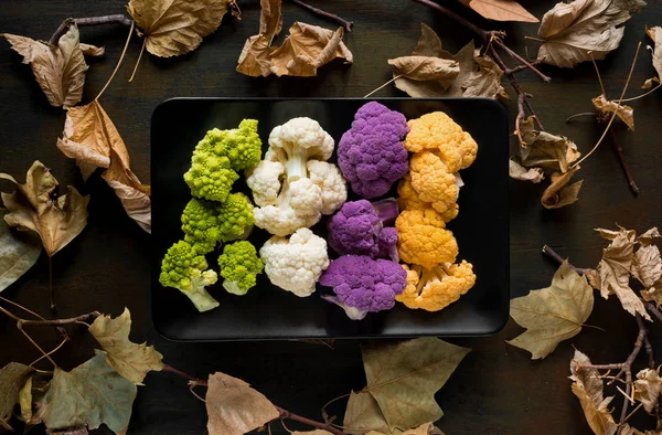 various type colored cabbage on autumnal background