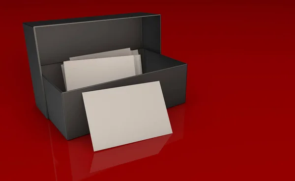 Renderização Caixa Com Cartões Visita Fundo Vidro Vermelho — Fotografia de Stock