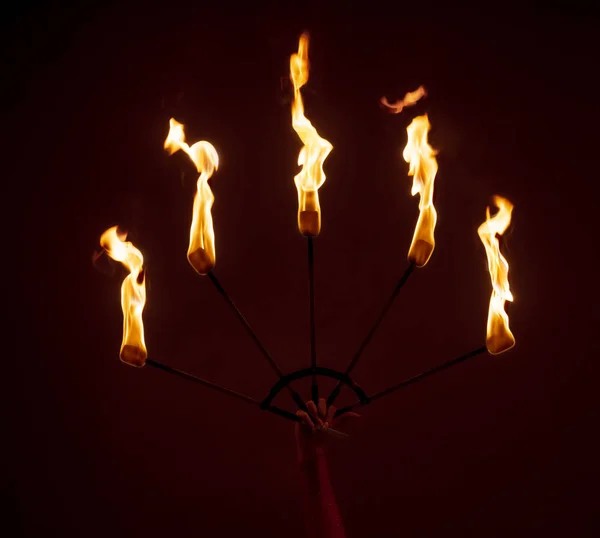 Juggler Girl Performing Fire Games Python Snake Dress — Stock Photo, Image