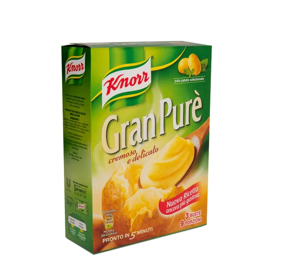 Itália Março 2020 Pacote Purê Batata Knorr Sobre Fundo Branco — Fotografia de Stock
