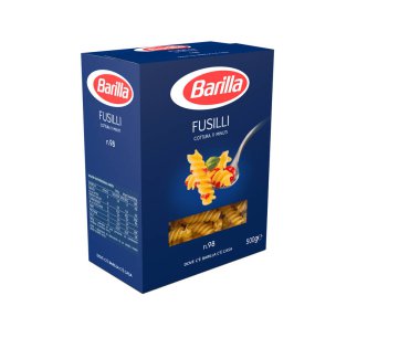 İtalya - 8 Nisan 2020: 3D Barilla İtalyan makarnası beyaz illüstrasyon üzerine orkestra hazırlama