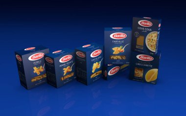 İtalya - 12 Mayıs 2020: 3D Barilla İtalyan makarna resimli editör paketi