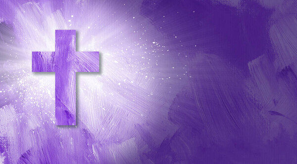 Графический христианский крест с абстрактными лучами света в фиолетовом
