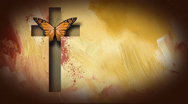 Christian Cross of Jesus setting butterfly free — Stock Photo, Image