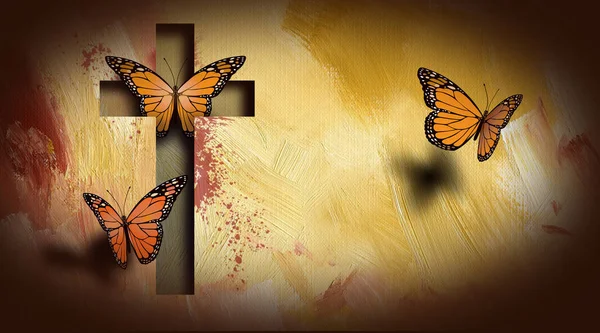 Christian Cross of Jesus setting butterflies free — Stock Photo, Image