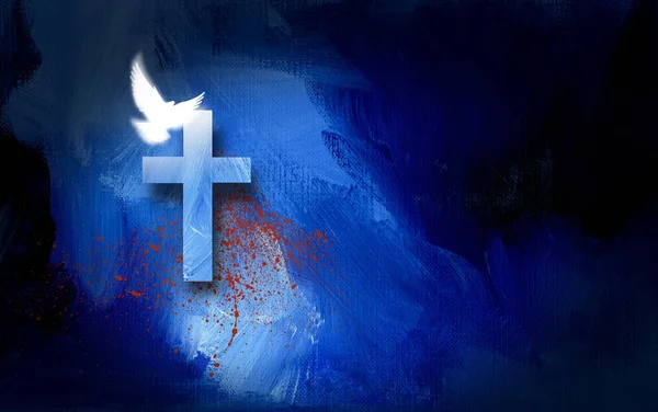 Graphic Christian Cross of Salvation and Dove with spatter of blood
