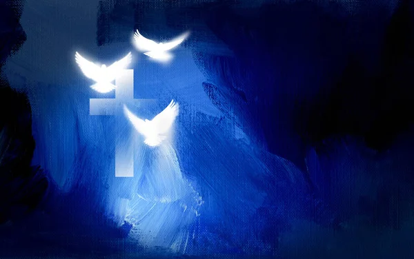 Christliches Kreuz mit leuchtenden Tauben — Stockfoto