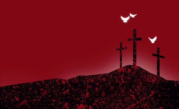 Графические христианские кресты Иисуса абстрактный пейзаж с духовными голубями — стоковое фото
