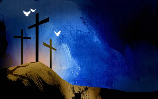 영적인 비둘기와 예수 풍경의 그래픽 기독교 십자가 — 스톡 사진