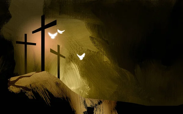 Graphic Christian crosses of Jesus landscape with spiritual doves — Stock Photo, Image