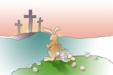 Paskalya tavşanı Christian Cross İsa'nın yüzleşir