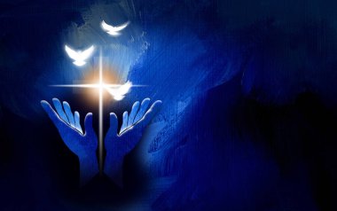 Graphic conceptual illustration of worship hands and glowing Christian cross of Jesus and spiritual doves. Art suitable for Easter themes and Christian graphics. clipart