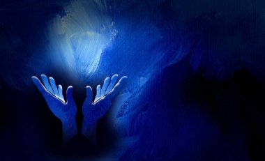İbadet eden ellerin grafiksel tasviri. Dini temaları temsil etmeye uygun sanat, dua, övgü, ulaşma ya da serbest bırakma. Arkaplan sanatı fırça darbeleriyle şekillendirilmiş efekt.