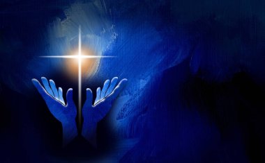 İbadet eden ellerin ve İsa 'nın parlayan Hristiyan haçının grafiksel tasviri. Paskalya bayramı teması için uygun sanat ve tebrik kartları ve başlıklar da dahil olmak üzere Hıristiyan grafikleri.