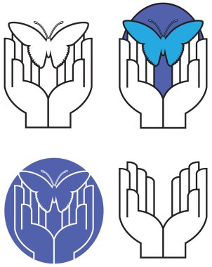 İkonik kelebeği nazikçe serbest bırakan ya da yakalayan iki elin grafiksel çizimi. Orijinal sanat dört farklı versiyonda