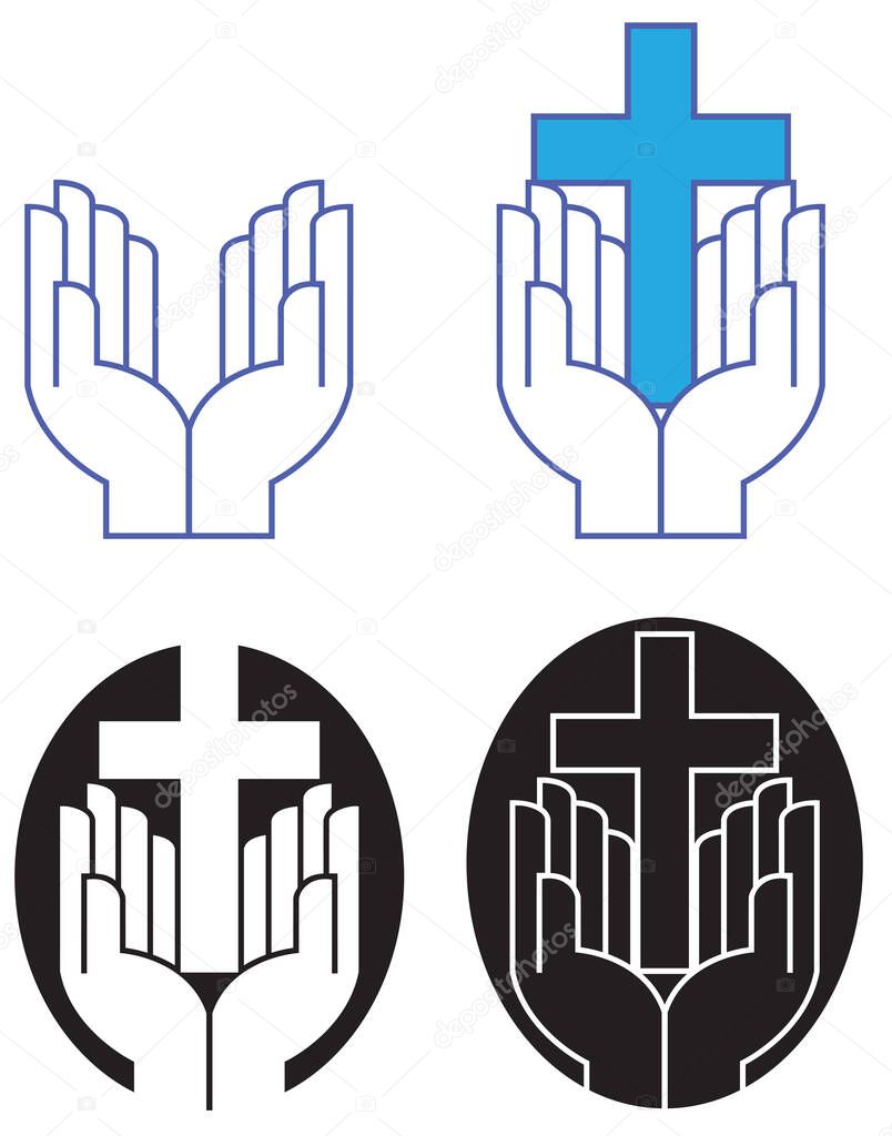 Graphic design of pair of praising hands at worship with iconic Christian cross. Art presented in four alternate versions.