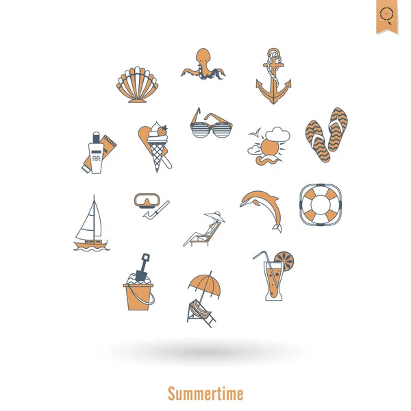 Verano y playa simples iconos planos — Vector de stock