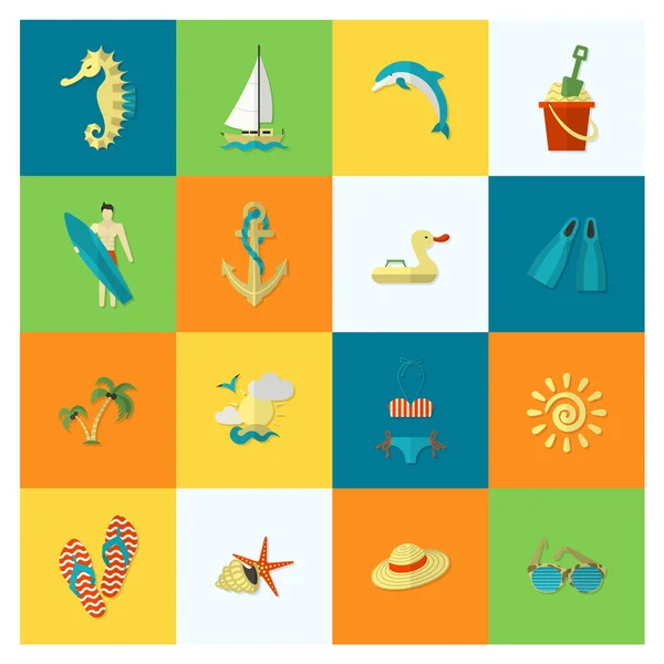 Verano y playa simples iconos planos — Vector de stock