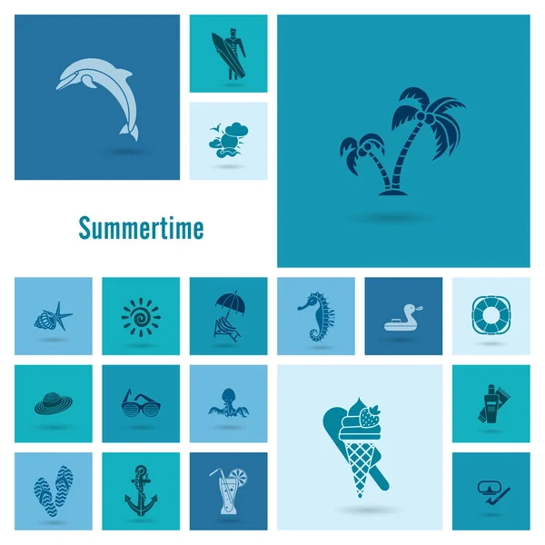 Letní a plážové jednoduché ploché ikony — Stockový vektor
