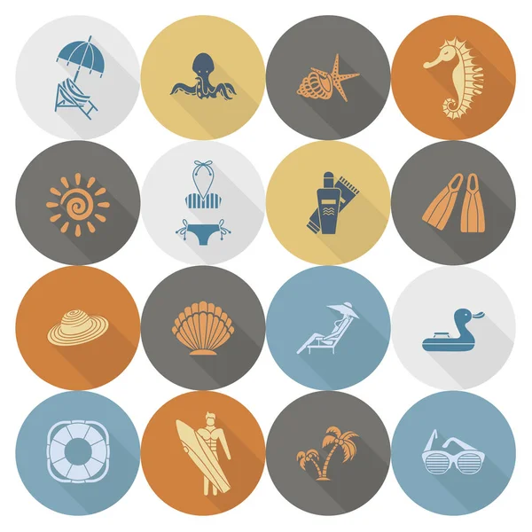 Verano y playa simples iconos planos — Vector de stock