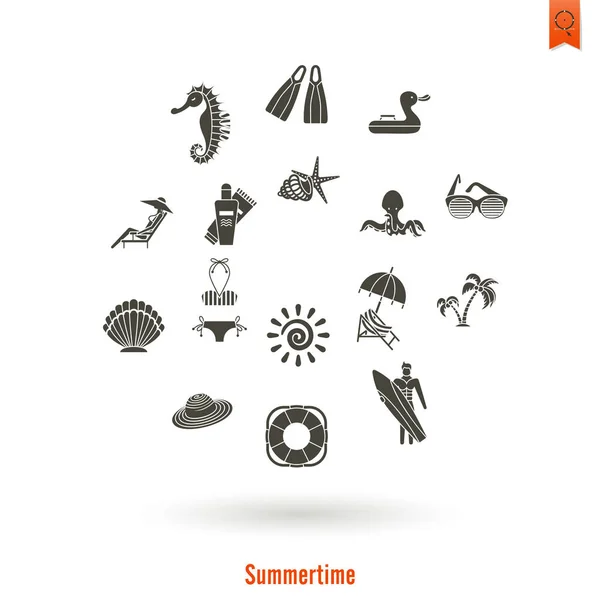 Verano y playa simples iconos planos — Vector de stock