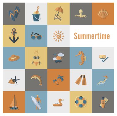 Yaz ve plaj basit düz simgeler