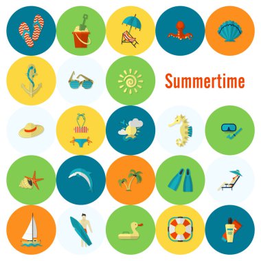 Yaz ve plaj basit düz simgeler