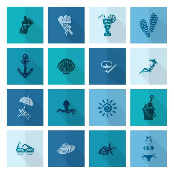 Verano y playa simples iconos planos — Vector de stock