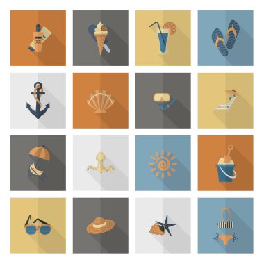 Yaz ve plaj basit düz simgeler