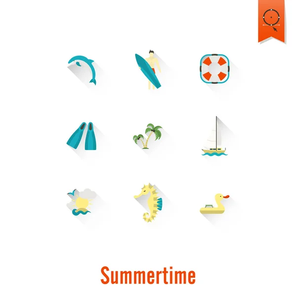 Verano y playa simples iconos planos — Vector de stock